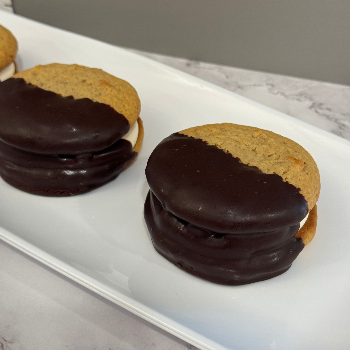 Peanut Butter Chocolate Dipped Cookie Sammies